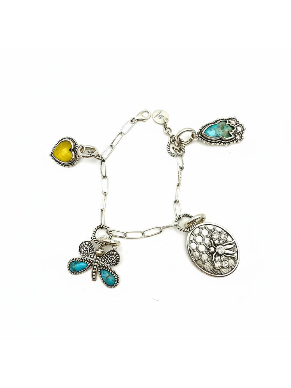 Sterling Silver 925 Charm Bracelet - Turquoise Butterfly With Hearts & Bee charm